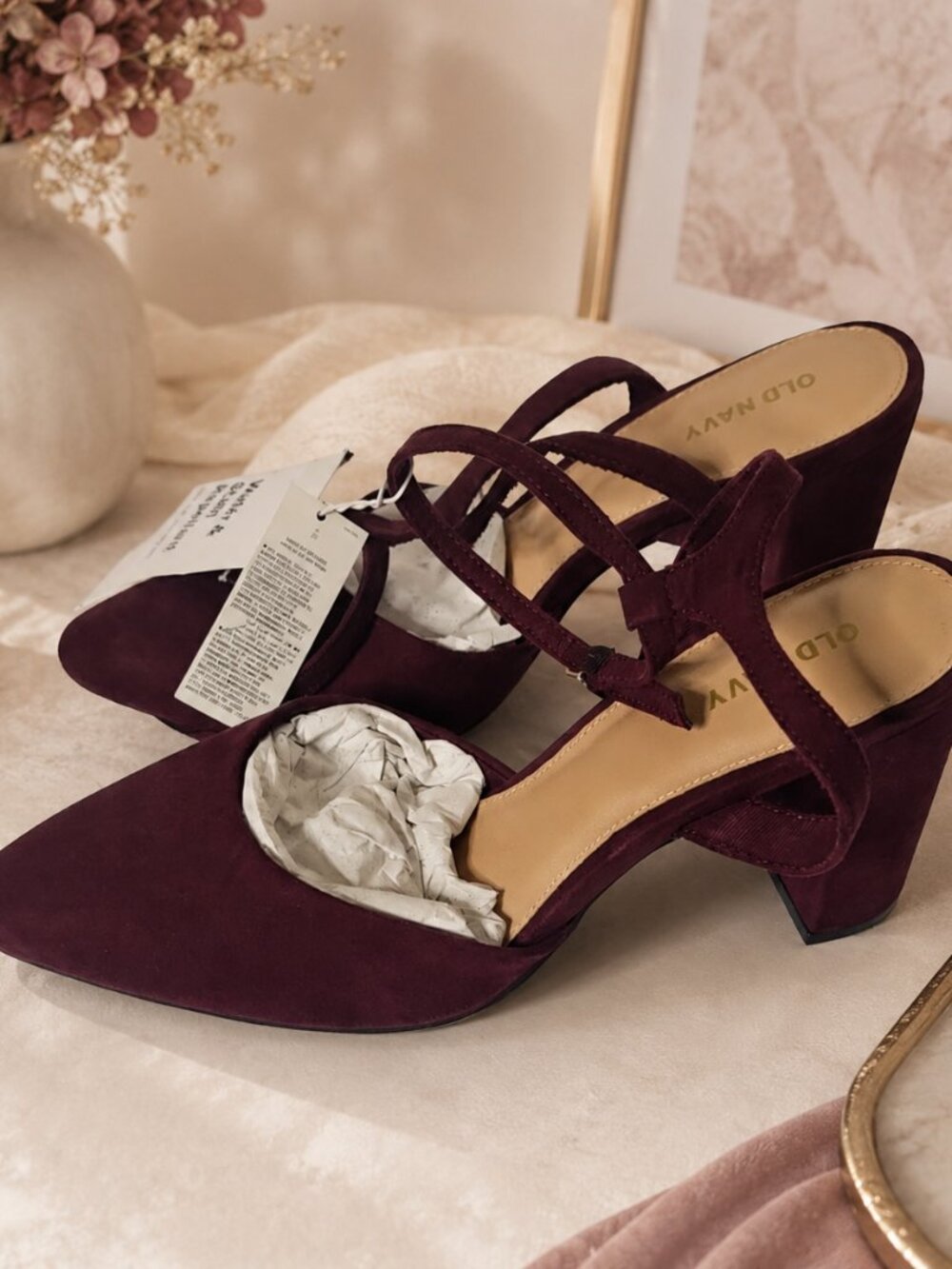 NWT Old Navy Burgundy Faux-Suede Strappy Block Heels - Size 8